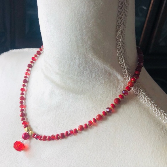 Handcrafted repurpose carnelian glass faceted crystal beaded necklace - Picture 3 of 10